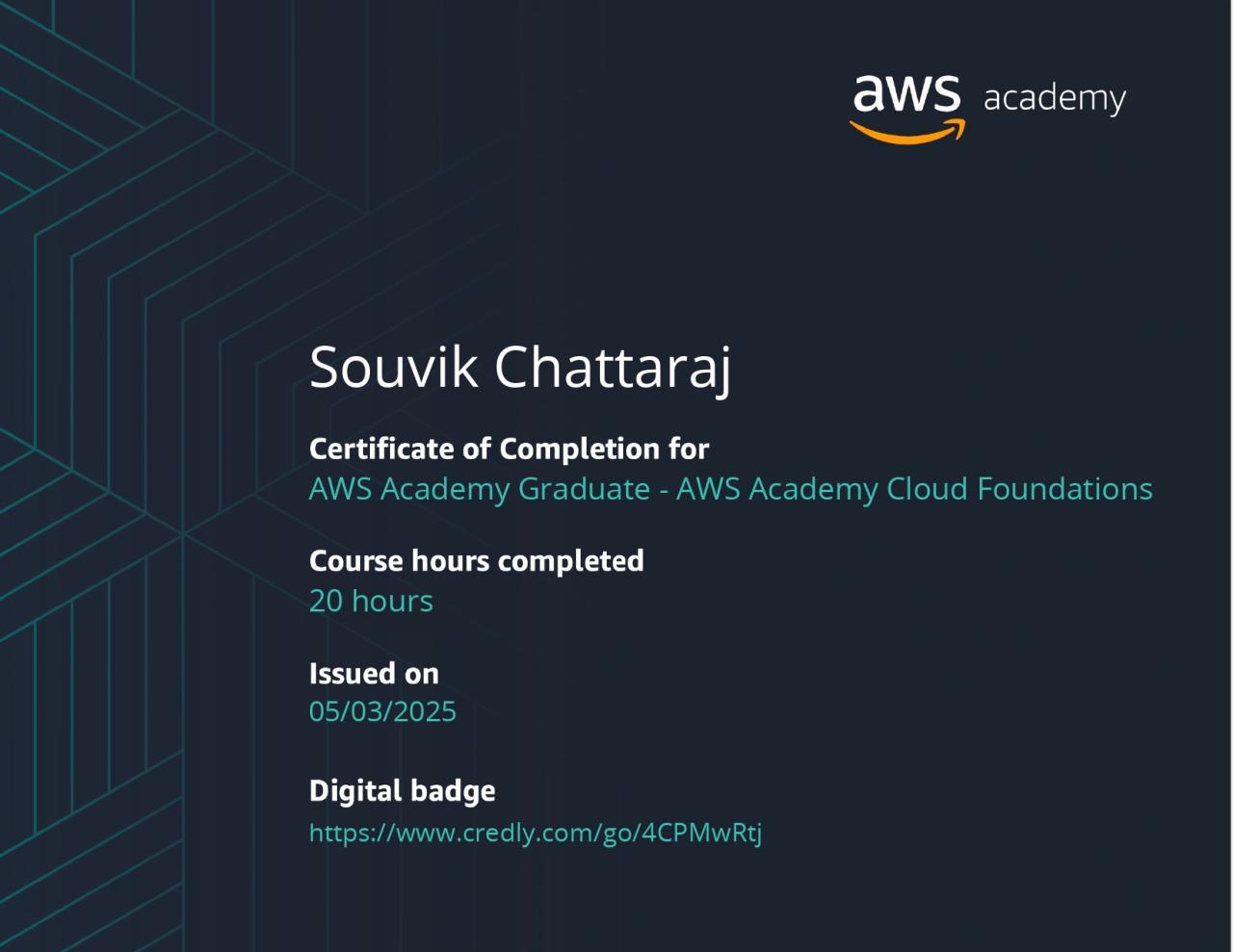 AWS Academy Cloud Foundations certificate preview