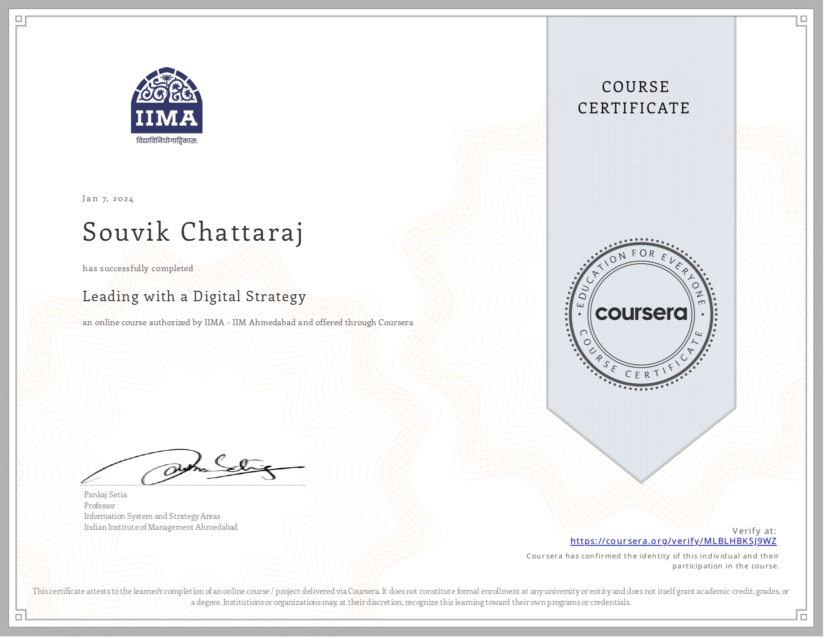 IIMA Advanced Digital Transformation certificate preview