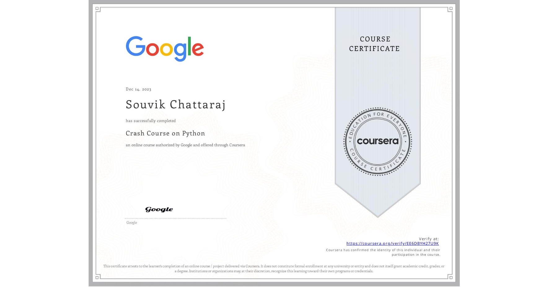 Google Crash Course on Python certificate preview